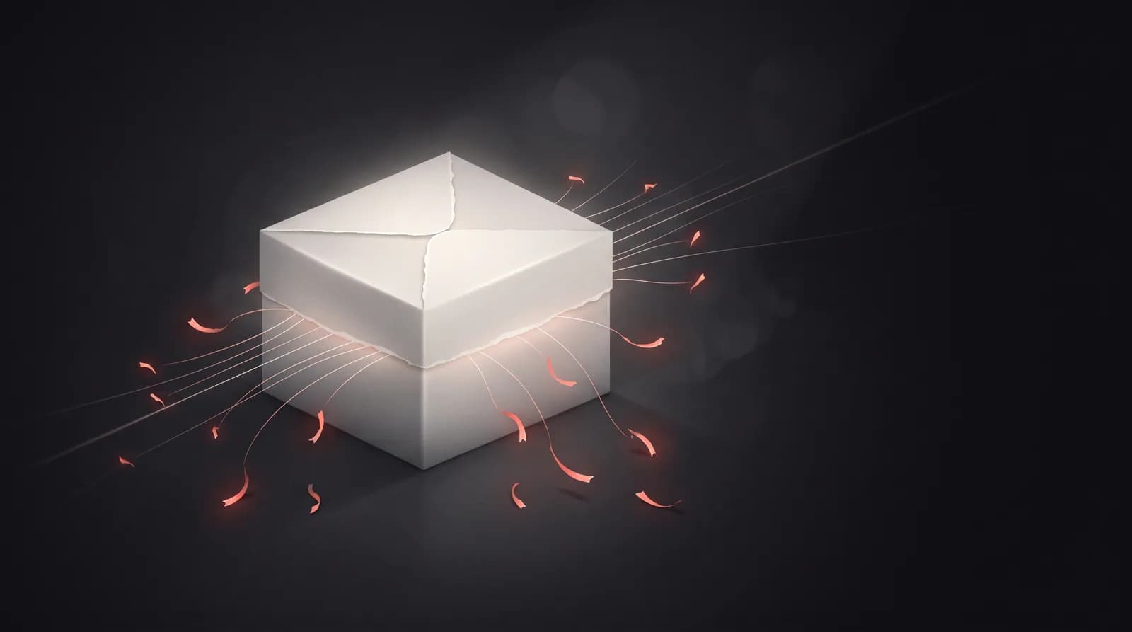 A closed paper box glowing softly in the dark, with thin threads of light escaping its seams and most of them cut short into curling red ribbons.