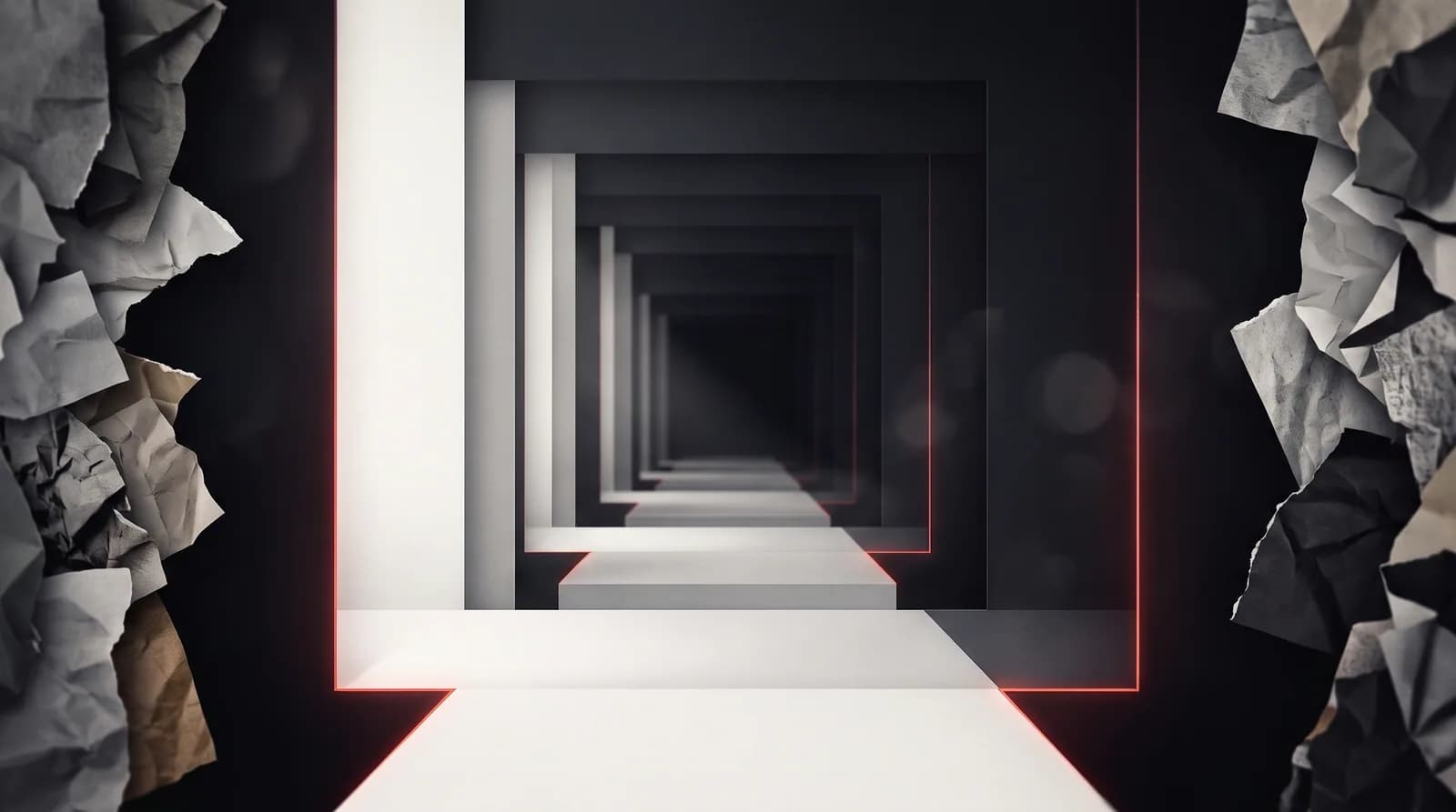 A clean paper corridor recedes into darkness while crumpled scraps press in from both sides and stop at a faint red threshold.