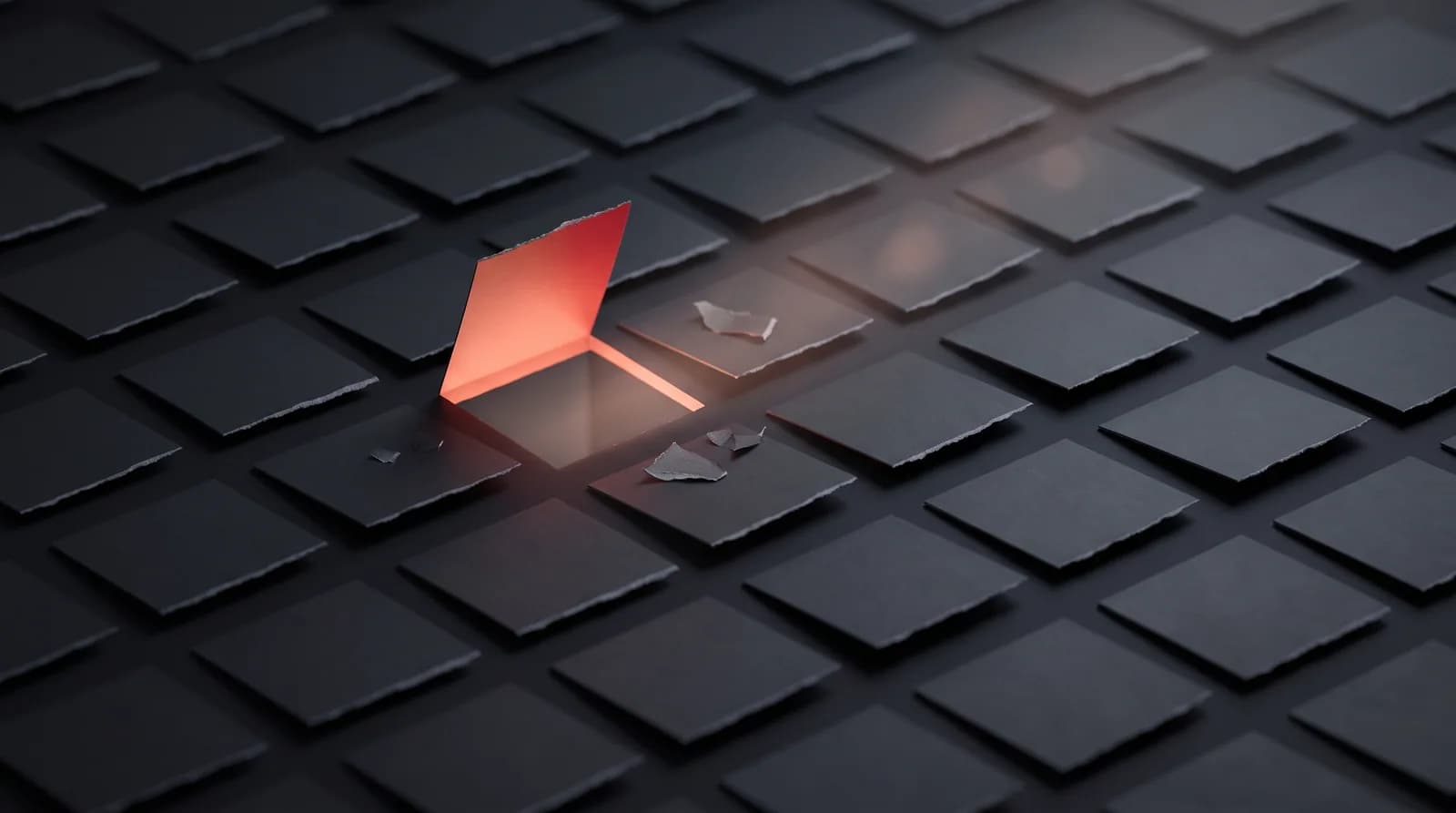 A grid of closed paper filter flaps in the dark, with a single flap lifted open on a hinge of warm light so one clean stream passes through.