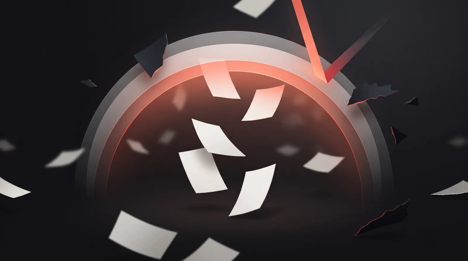 Pale paper cards drift down through a softly glowing canopy of layered paper arcs, while dark jagged fragments glance off its edge.
