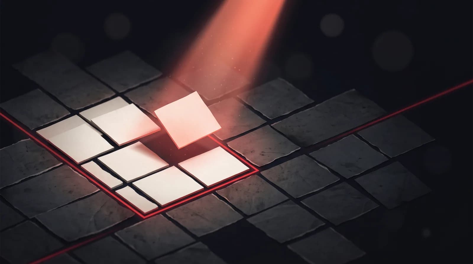 Fresh bright paper tiles sit at the edge of a weathered mosaic, held back by a thin red line while a beam of light lifts one for inspection.
