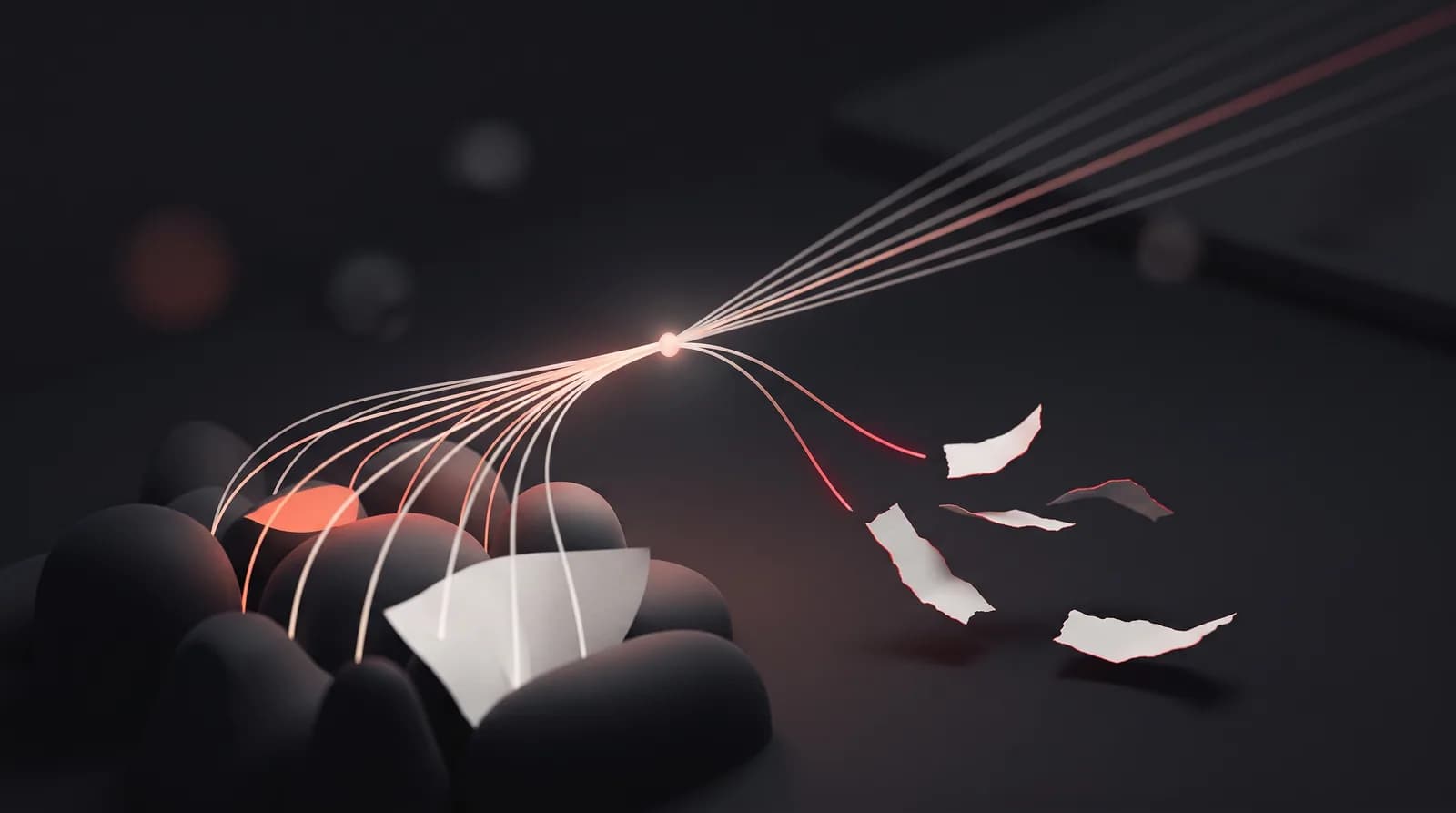 Streams of light rise from a cluster of shapes and meet at one glowing junction; most continue on, while a few are cut and fall away as torn paper.