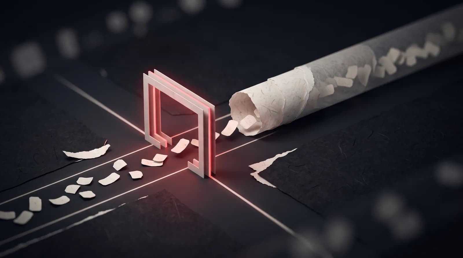 A sealed paper tube carries hidden tokens across a dark surface, beside an open stream of tokens passing through a glowing red checkpoint.