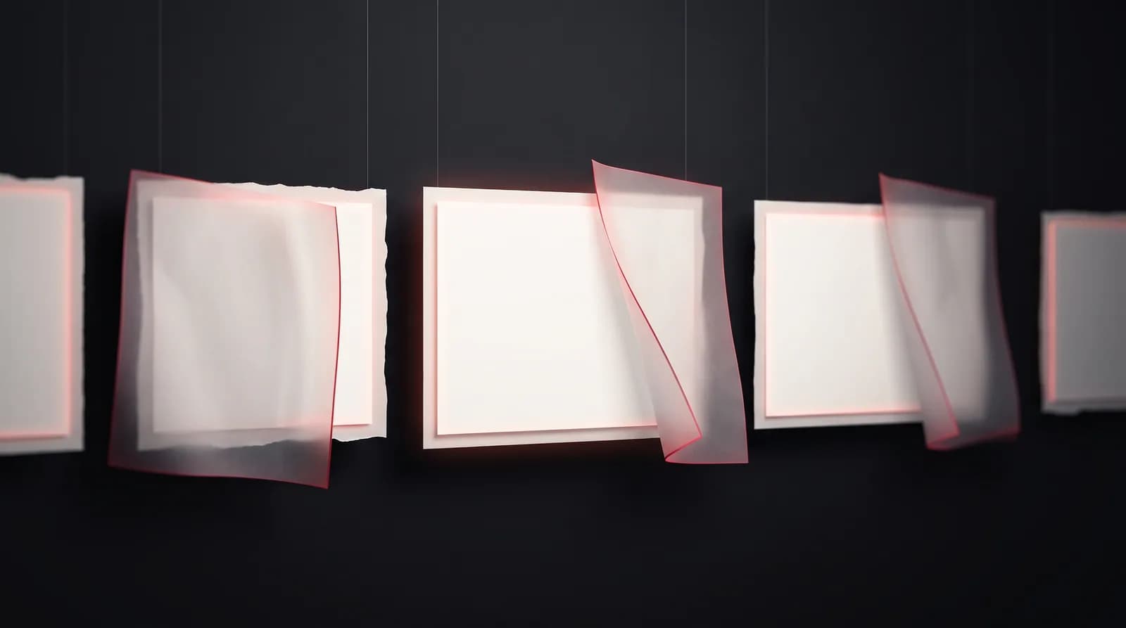 A row of blank glowing paper panels hangs in the dark, several veiled by sheer translucent folds edged in red light.