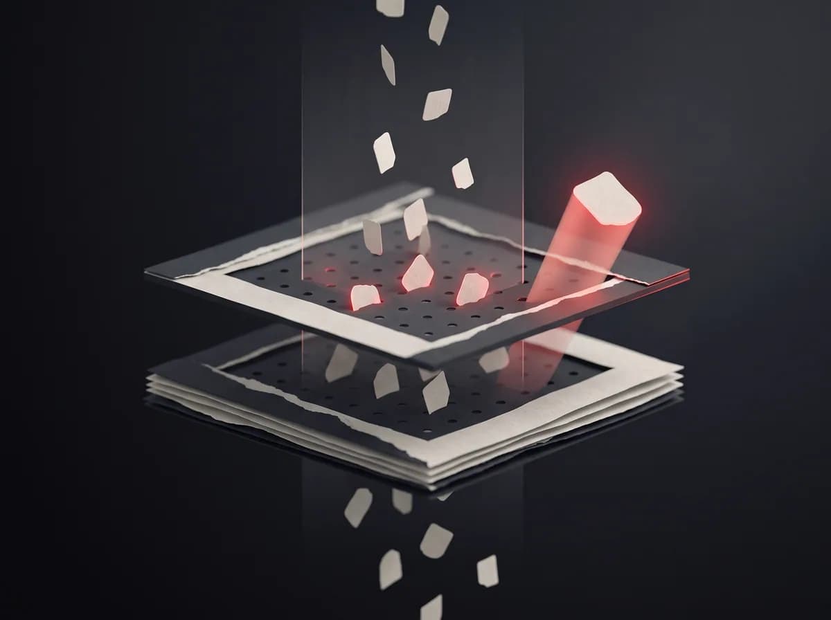 Paper tokens falling through stacked filter planes, with a few held back and one lifted aside.