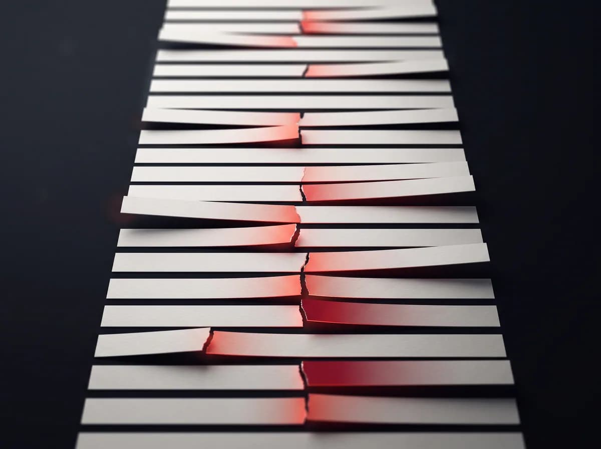 A cascade of blank paper strips descending like a ticker, with every few strips torn in half.