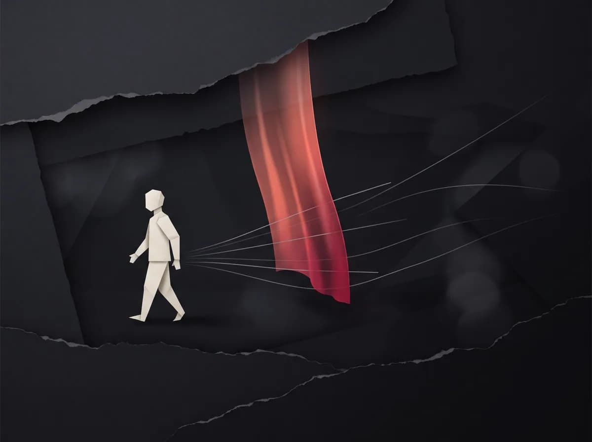 A walking figure of folded paper trailed by faint threads of light that stop at a hanging coral-red veil.