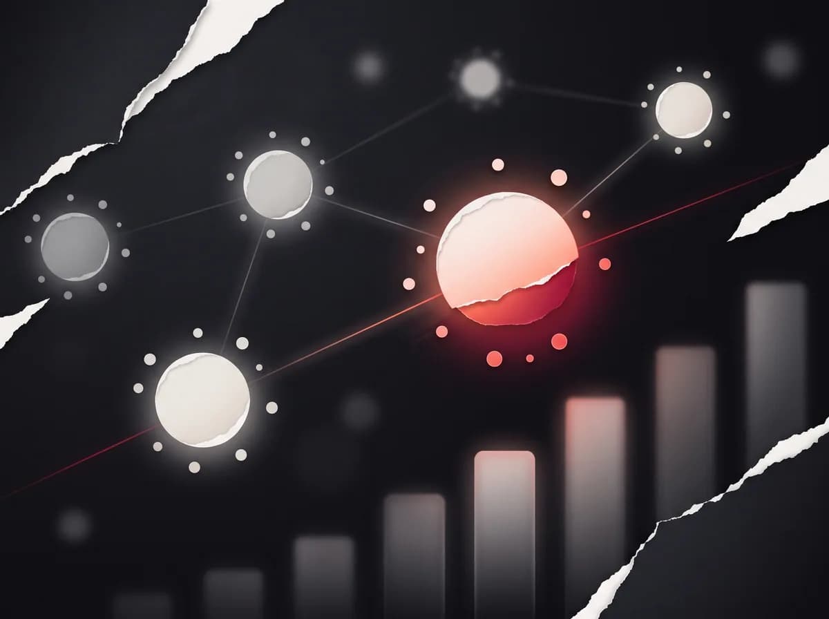 An abstract constellation of glowing network nodes with smaller satellites, the largest lit in red.