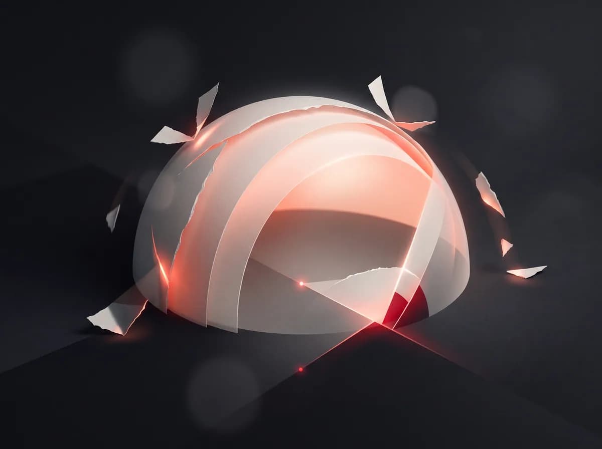 A glowing canopy of layered paper arcs sheltering a warm space while sharp fragments bounce off it.