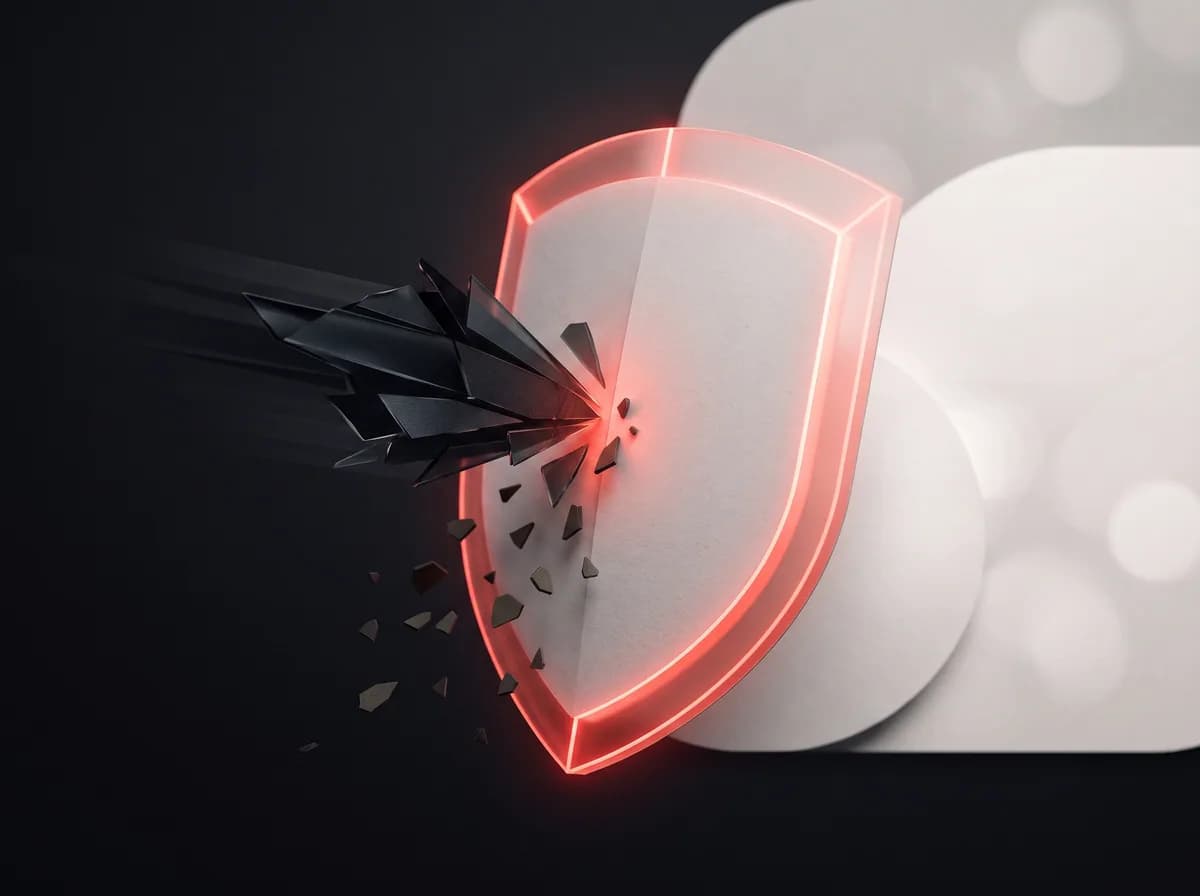 A jagged dark shard shattering against a glowing red shield, its splinters falling away.